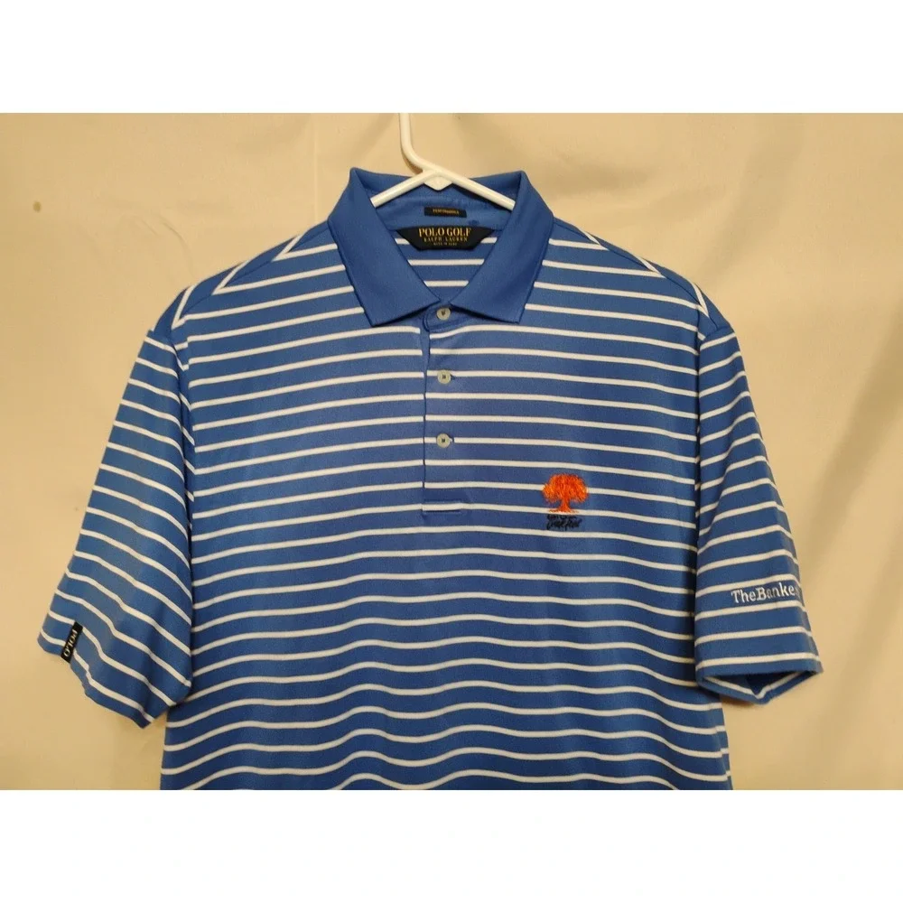 Polo Golf Ralph Lauren Performance Oak Tree Mens MEDIUM Blue White Striped Shirt